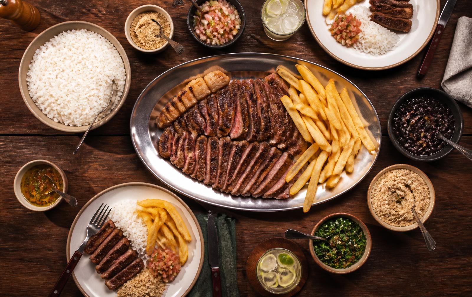 Mesa posta com travessa de carne, arroz, feijão e acompanhamentos para compartilhar