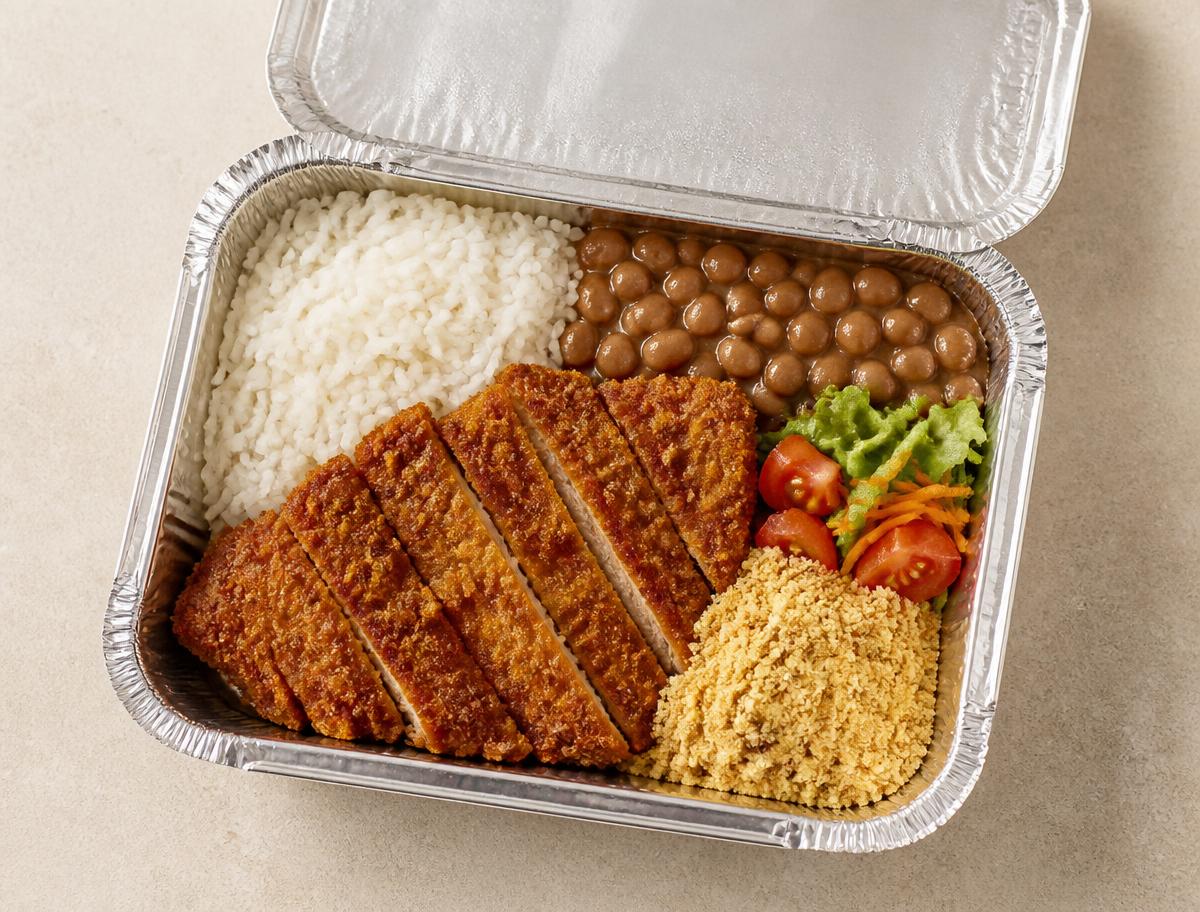 Marmitex montado com arroz, feijão, carne empanada, farofa e salada