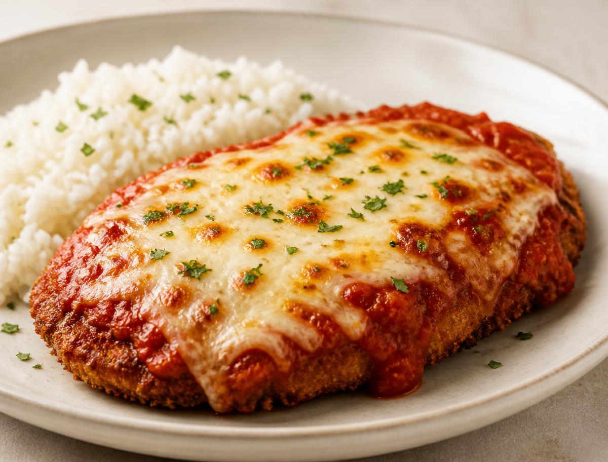 Filé à parmegiana gratinado com queijo e molho de tomate