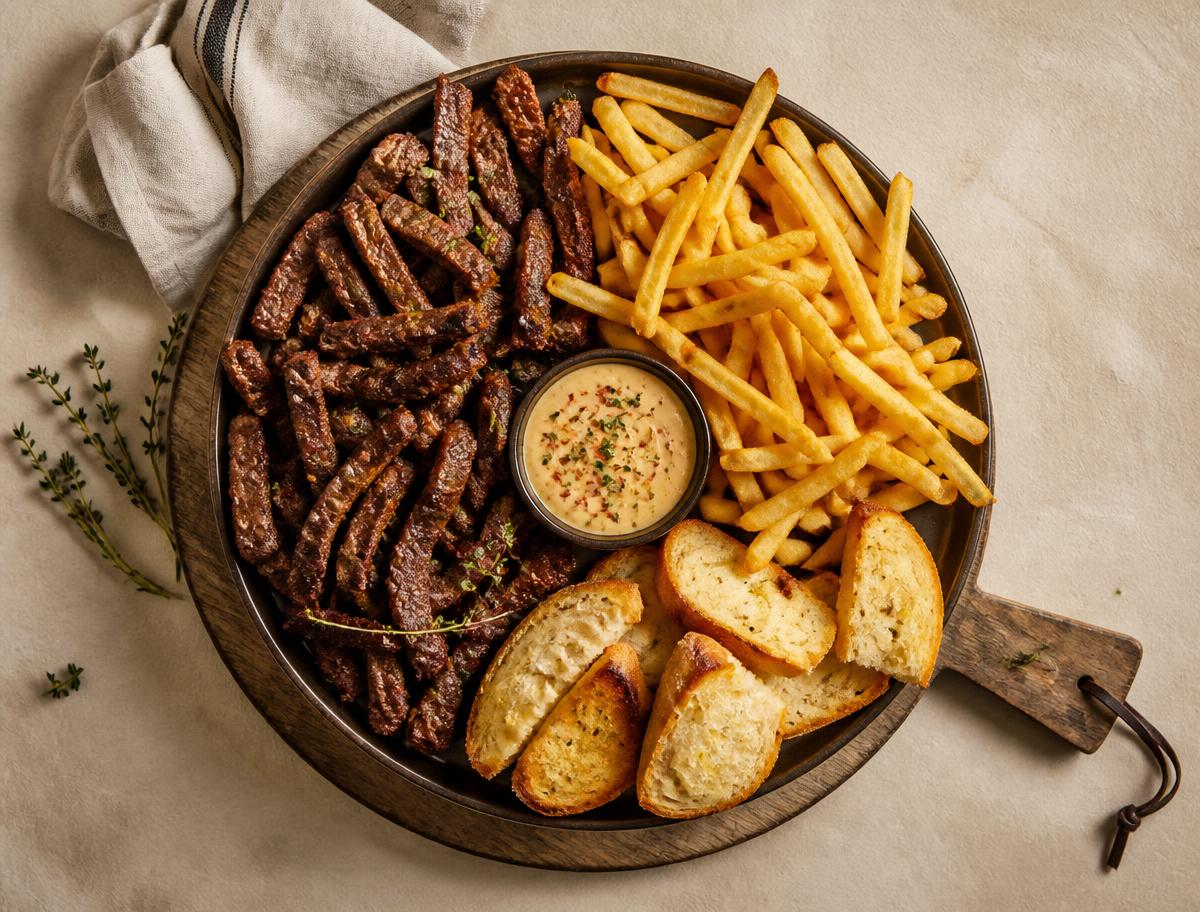 Porção servida em tábua com carne, batata frita e torradas