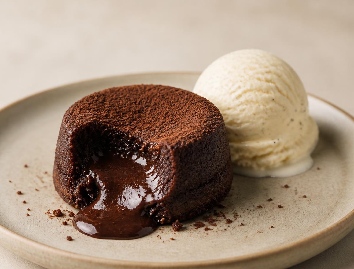 Petit gâteau de chocolate com sorvete de creme